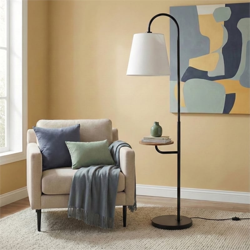 Drone Multi-Functional Black Floor Lamp with Wood Shelf and Metal Base