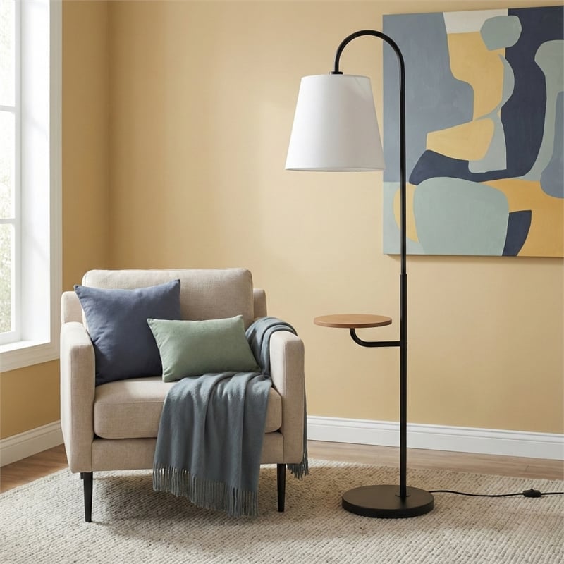 Drone Multi-Functional Black Floor Lamp with Wood Shelf and Metal Base