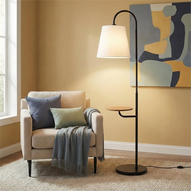 Drone Multi-Functional Black Floor Lamp with Wood Shelf and Metal Base