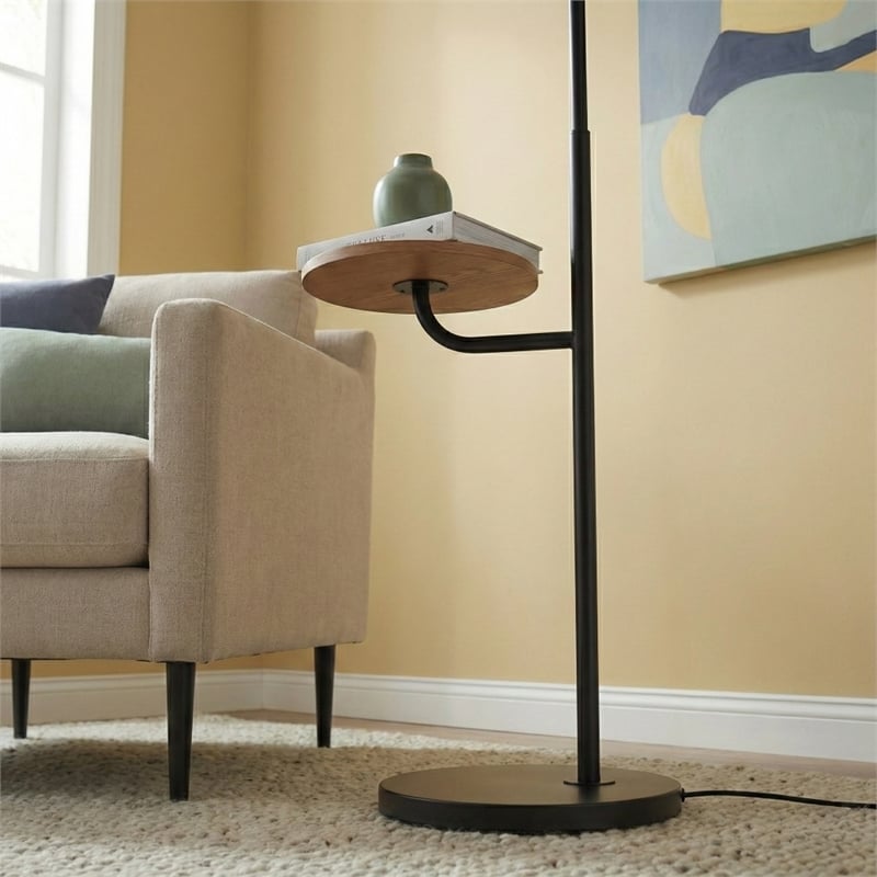 Drone Multi-Functional Black Floor Lamp with Wood Shelf and Metal Base