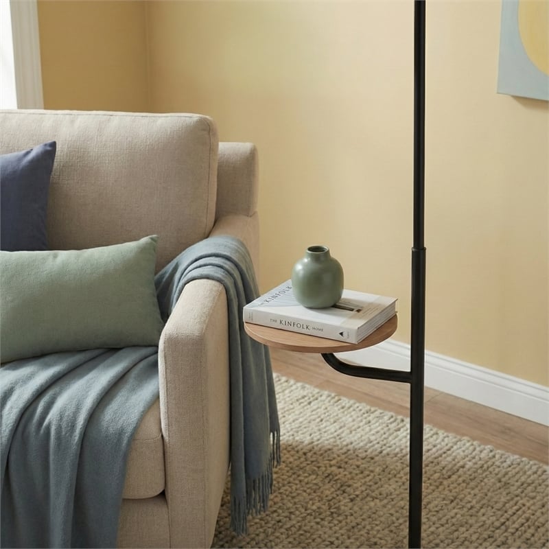 Drone Multi-Functional Black Floor Lamp with Wood Shelf and Metal Base