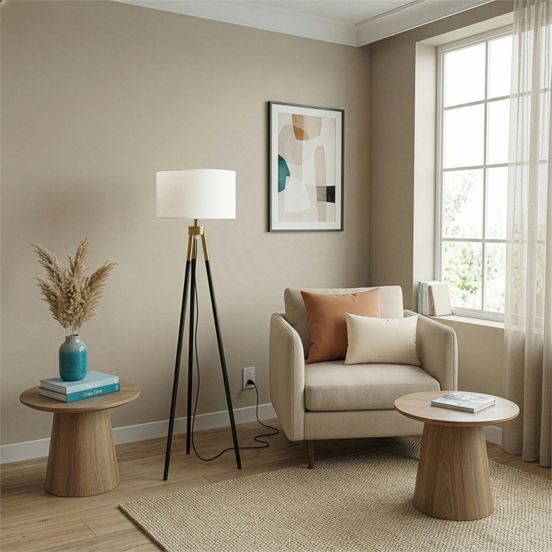 Netra Modern Gold-Tone Metal Tripod Floor Lamp with Fabric Shade