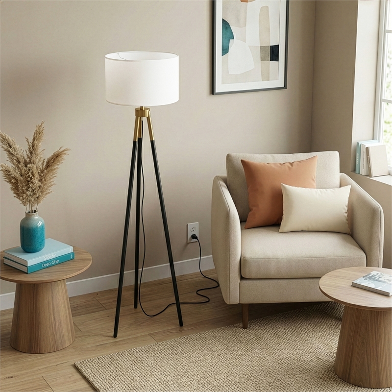 Netra Modern Gold-Tone Metal Tripod Floor Lamp with Fabric Shade