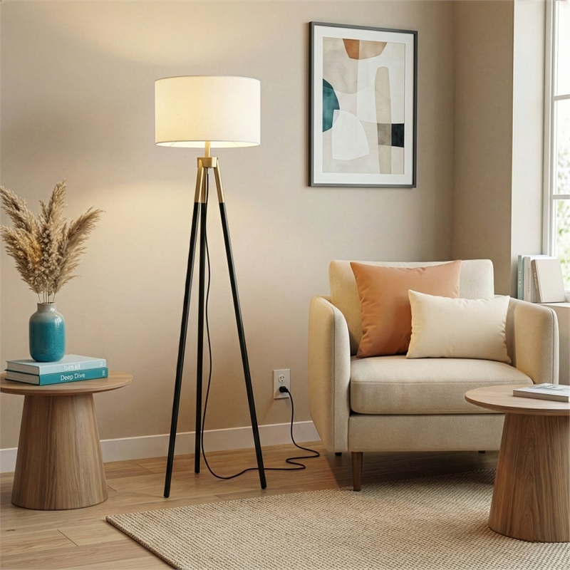 Netra Modern Gold-Tone Metal Tripod Floor Lamp with Fabric Shade