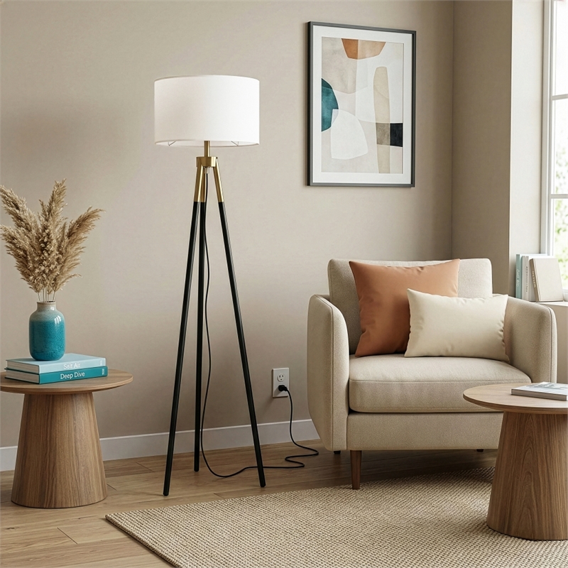 Netra Modern Gold-Tone Metal Tripod Floor Lamp with Fabric Shade