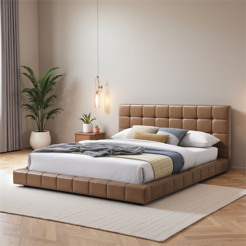 Claire Vegan Leather Upholstered Platform Queen Bed in Tan