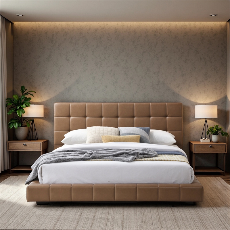 Claire Vegan Leather Upholstered Platform Queen Bed in Tan