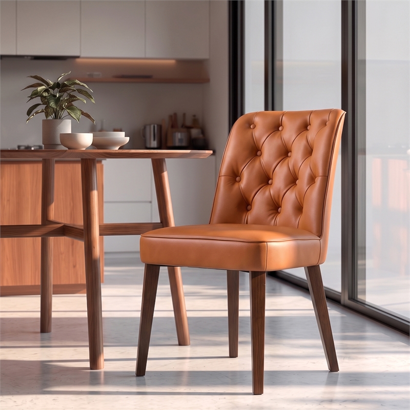 Albion Stylish Leather Dining Chair with Walnut Legs and Plush Padding in Tan