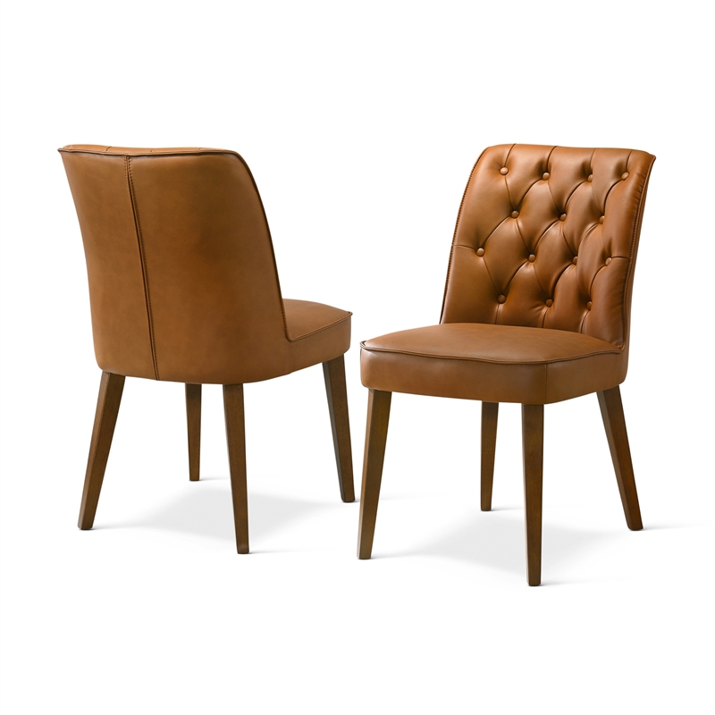 Albion Stylish Leather Dining Chair with Walnut Legs and Plush Padding in Tan
