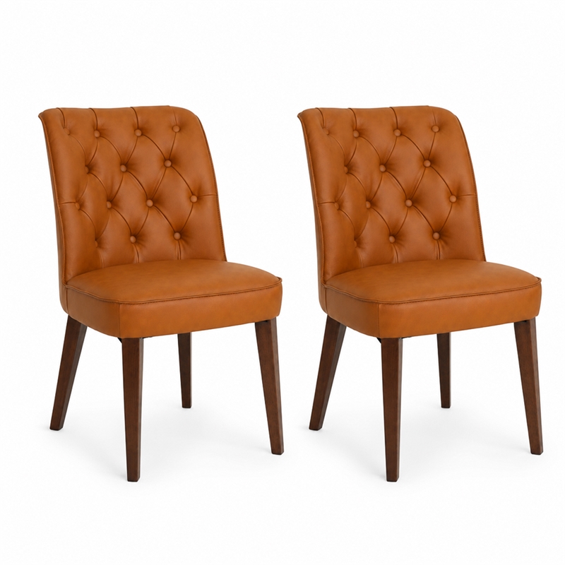 Albion Stylish Leather Dining Chair with Walnut Legs and Plush Padding in Tan