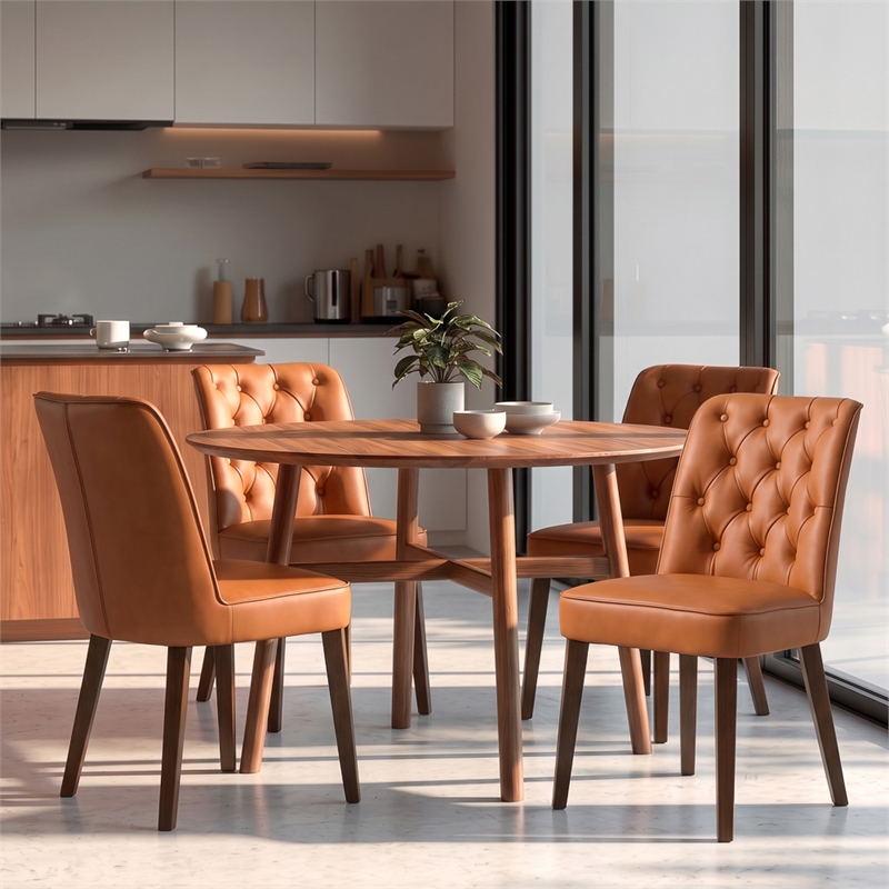 Albion Stylish Leather Dining Chair with Walnut Legs and Plush Padding in Tan