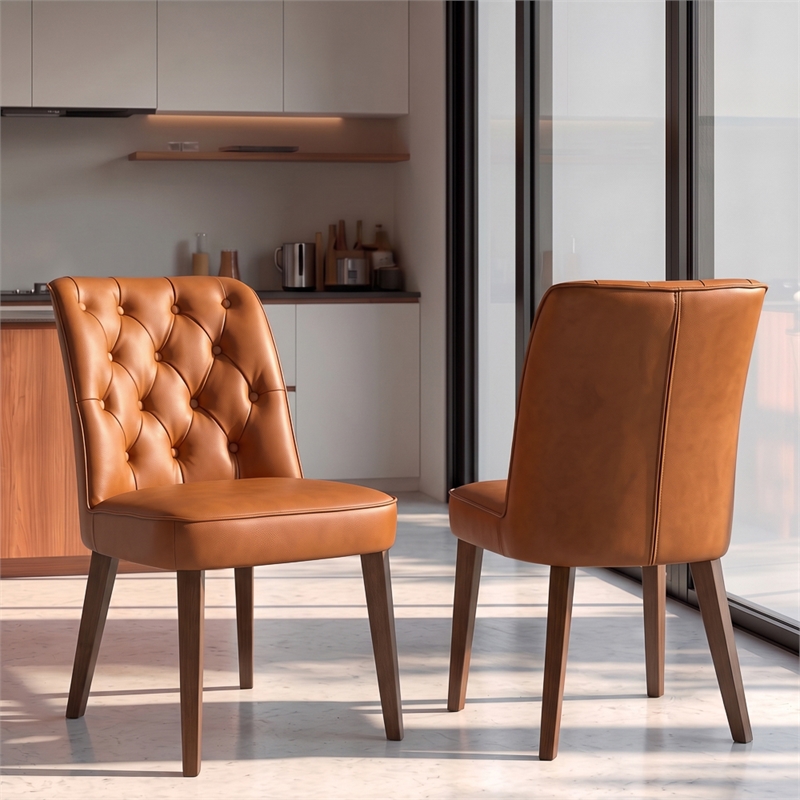 Albion Stylish Leather Dining Chair with Walnut Legs and Plush Padding in Tan