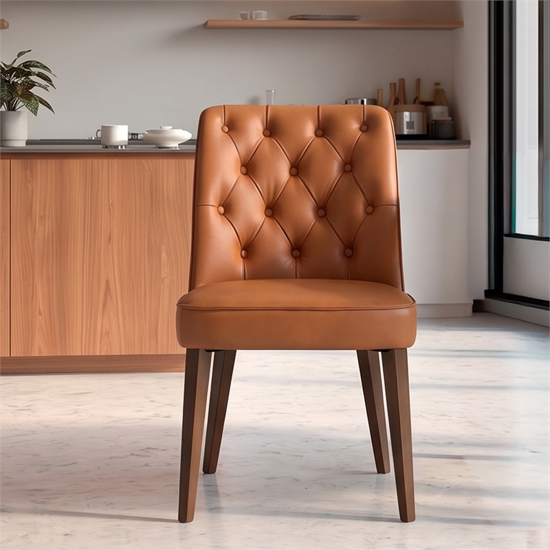 Albion Stylish Leather Dining Chair with Walnut Legs and Plush Padding in Tan