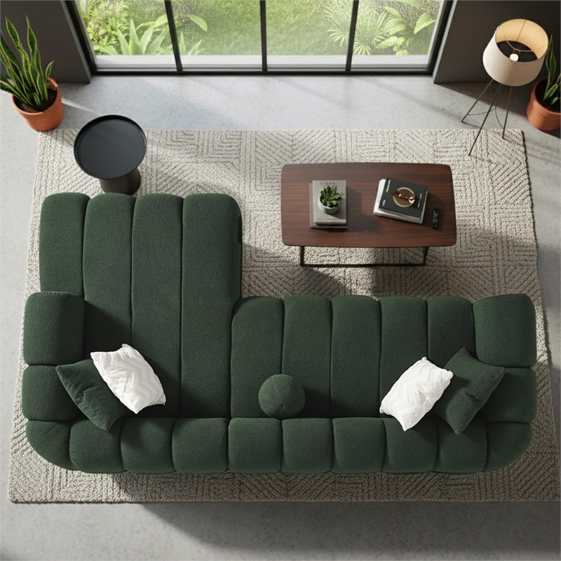 Columbus Luxe Green Boucle Fabric Sectional Sofa with Chaise and Stylish Pillows
