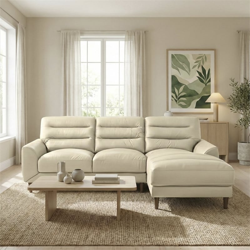 Boone Genuine Leather Sectional Sofa & Chaise with Minimalist Design in Cream