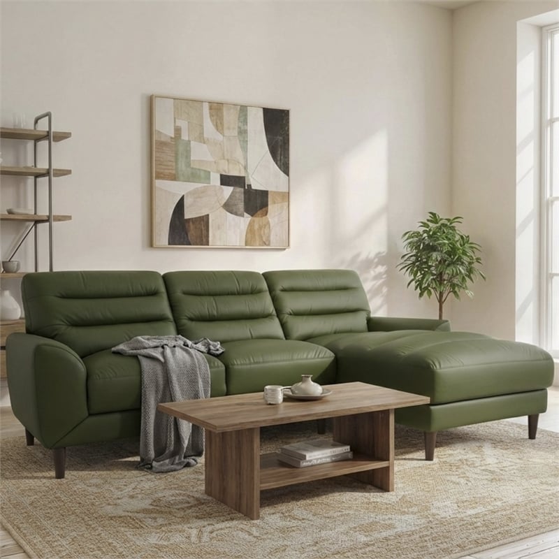 Boone Genuine Green Leather Sectional Sofa & Chaise with Minimalist Design