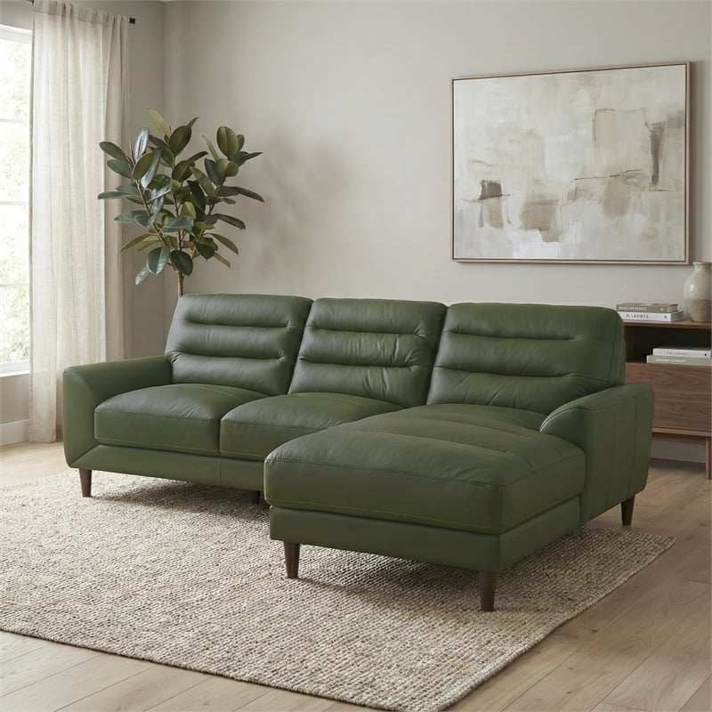 Boone Genuine Green Leather Sectional Sofa & Chaise with Minimalist Design