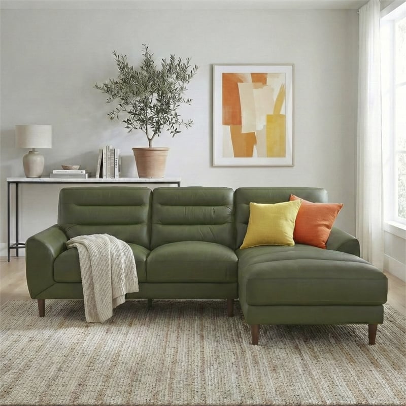 Boone Genuine Green Leather Sectional Sofa & Chaise with Minimalist Design