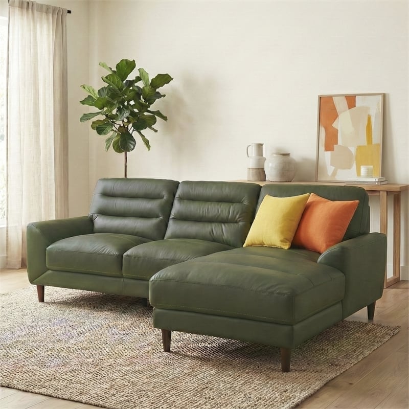 Boone Genuine Green Leather Sectional Sofa & Chaise with Minimalist Design