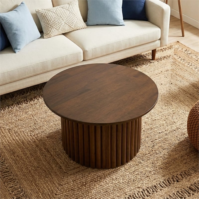 Lancelot Round Solid Wood Coffee Table with Ribbed Pedestal Base