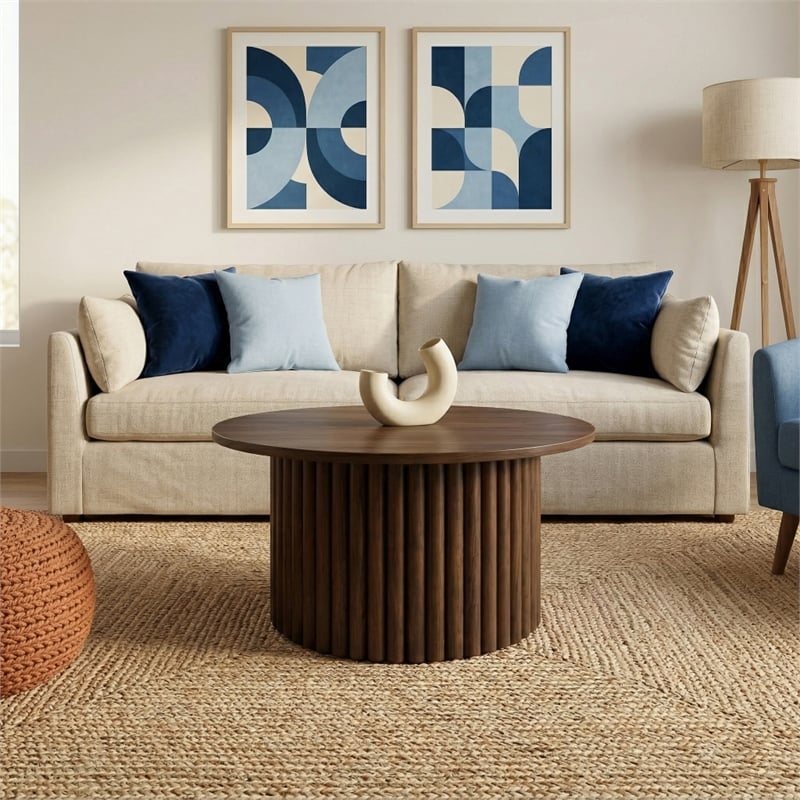 Lancelot Round Solid Wood Coffee Table with Ribbed Pedestal Base
