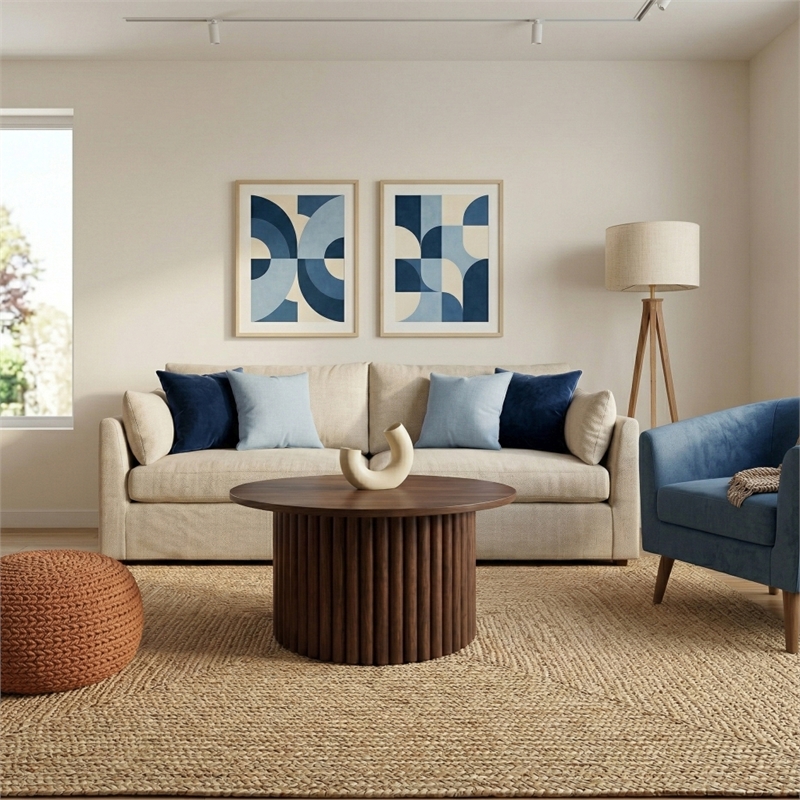 Lancelot Round Solid Wood Coffee Table with Ribbed Pedestal Base