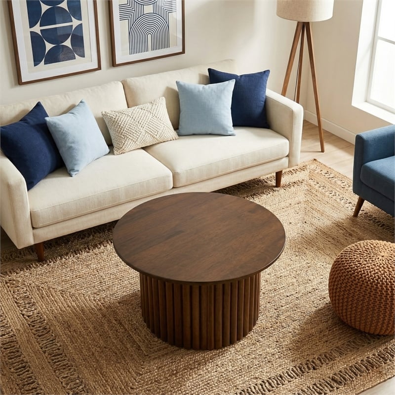 Lancelot Round Solid Wood Coffee Table with Ribbed Pedestal Base