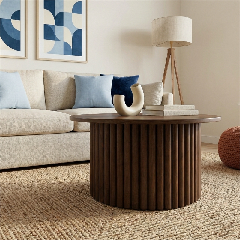 Lancelot Round Solid Wood Coffee Table with Ribbed Pedestal Base