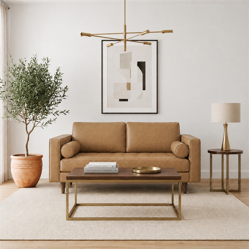Jax Cozy Genuine Leather Loveseat with Foam Cushions & Bolster Pillows in Tan