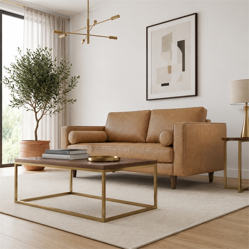 Jax Cozy Genuine Leather Loveseat with Foam Cushions & Bolster Pillows in Tan