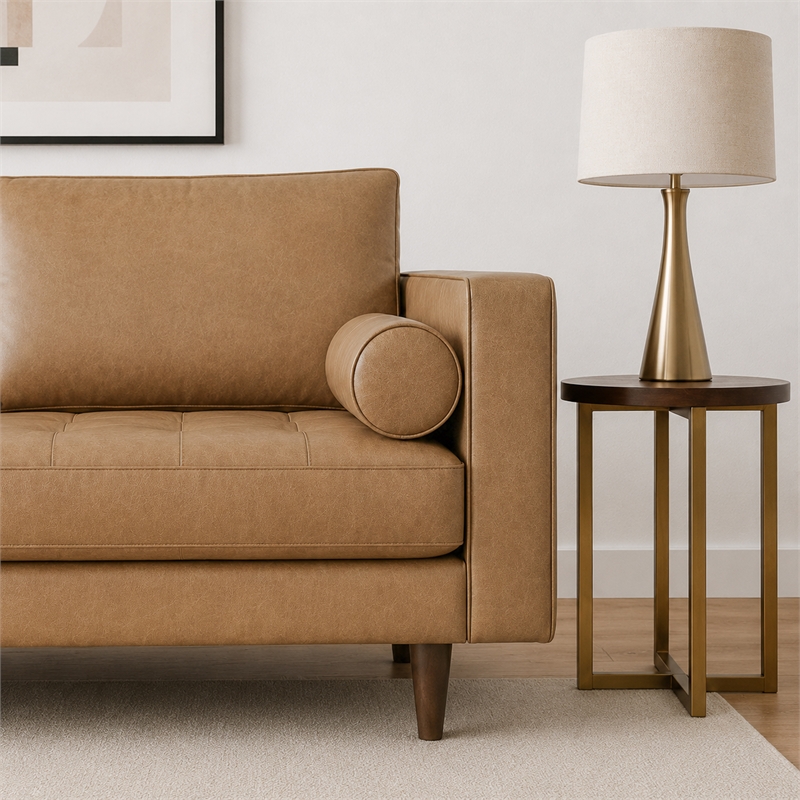 Jax Cozy Genuine Leather Loveseat with Foam Cushions & Bolster Pillows in Tan