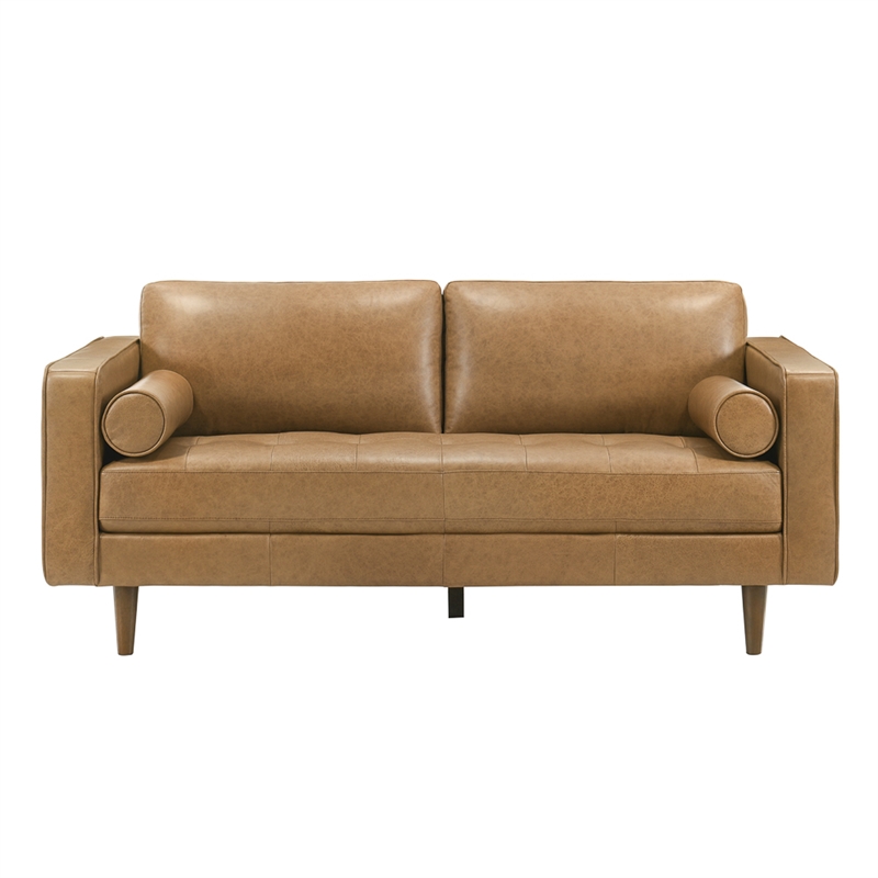 Jax Cozy Genuine Leather Loveseat with Foam Cushions & Bolster Pillows in Tan