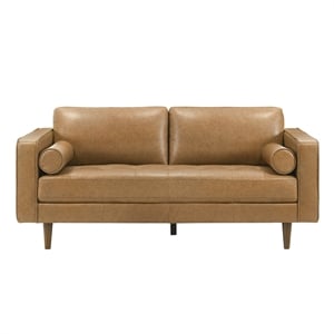 Jax Cozy Genuine Leather Loveseat with Foam Cushions & Bolster Pillows in Tan