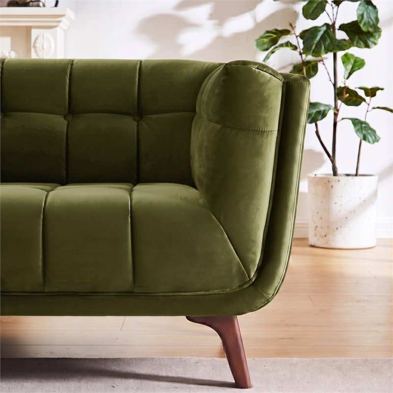 Alosio Mid Century Rectangular Tufted Back Velvet Upholstered Sofa in Olive Green