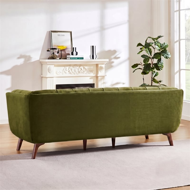 Alosio Mid Century Rectangular Tufted Back Velvet Upholstered Sofa in Olive Green