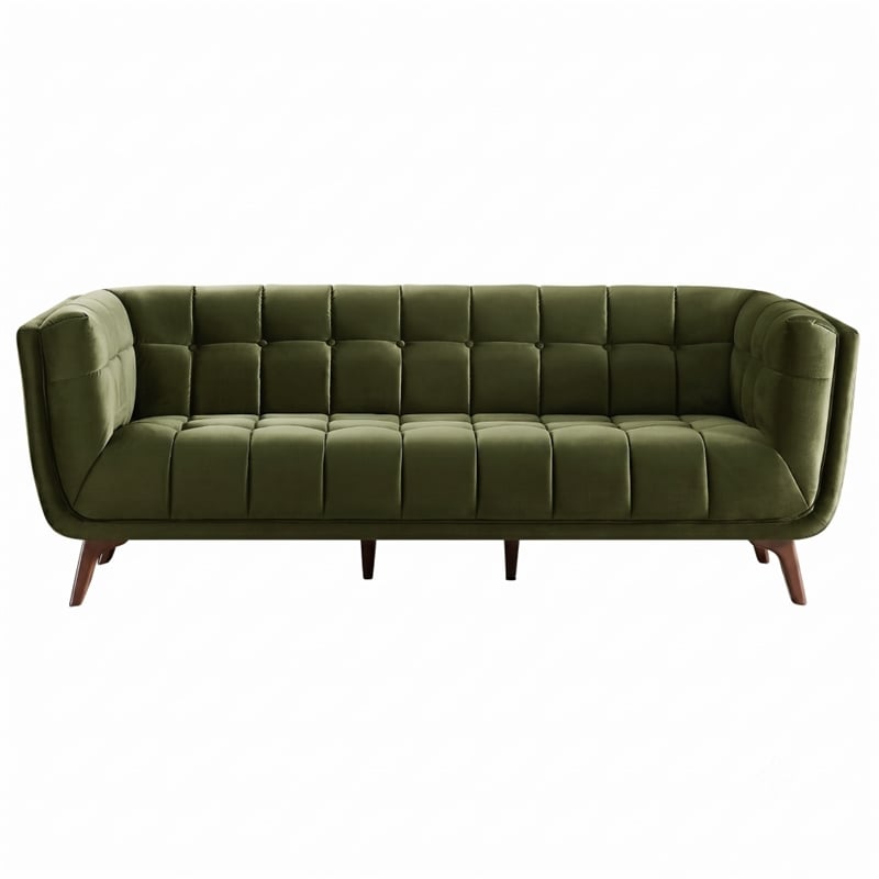 Alosio Mid Century Rectangular Tufted Back Velvet Upholstered Sofa in Olive Green