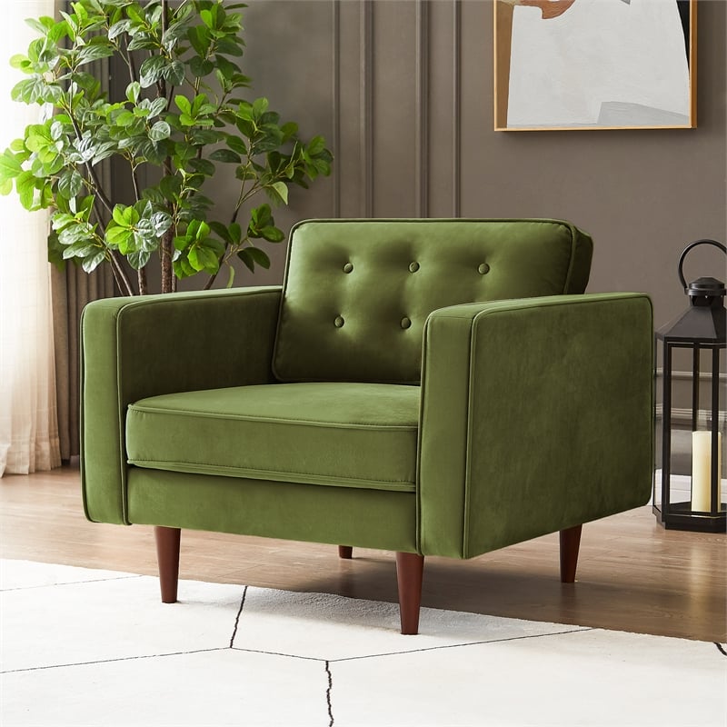 Chester Mid Century Modern Style Tufted Wide Velvet Armchair in Olive Green