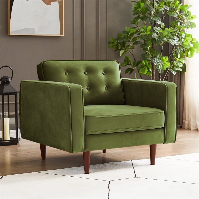 Chester Mid Century Modern Style Tufted Wide Velvet Armchair in Olive Green