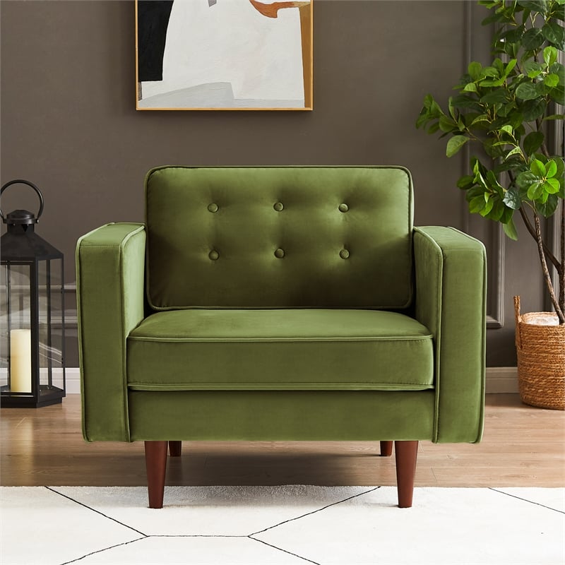 Chester Mid Century Modern Style Tufted Wide Velvet Armchair in Olive Green