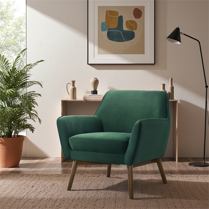 Camille Furniture Style Wide Top Velvet Accent Armchair in Forest Green