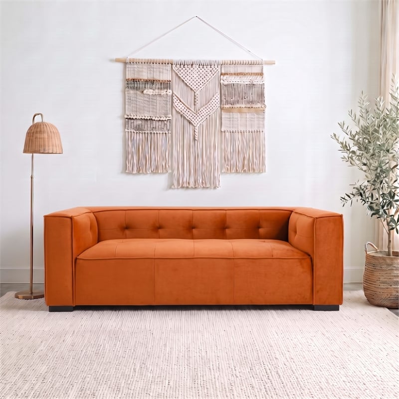 Holland Minimalist Modern Velvet Sofa with Structured Tufted Back in Burnt Orange