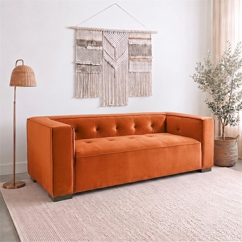 Holland Minimalist Modern Velvet Sofa with Structured Tufted Back in Burnt Orange