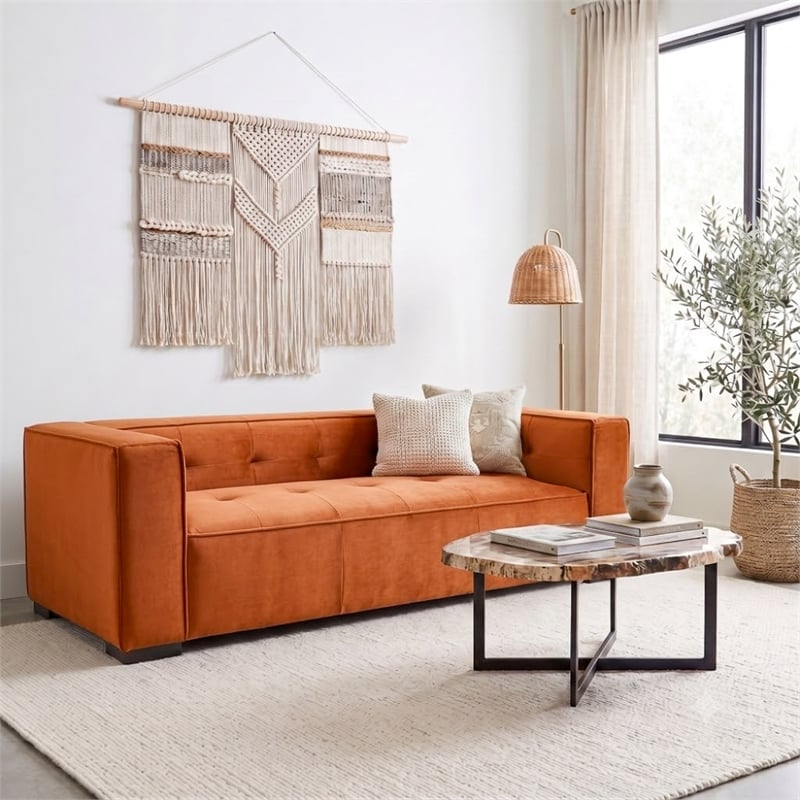 Holland Minimalist Modern Velvet Sofa with Structured Tufted Back in Burnt Orange