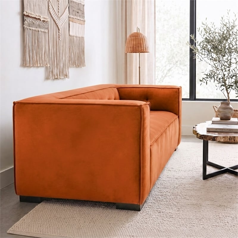 Holland Minimalist Modern Velvet Sofa with Structured Tufted Back in Burnt Orange