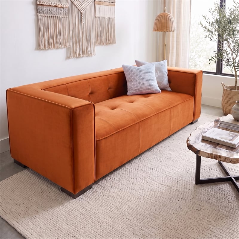 Holland Minimalist Modern Velvet Sofa with Structured Tufted Back in Burnt Orange