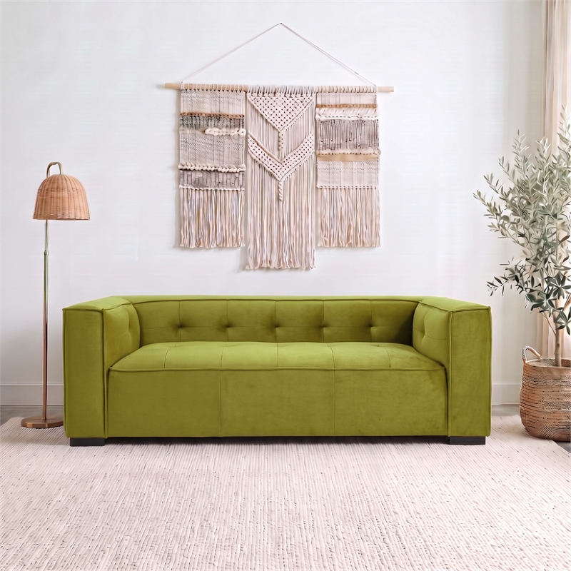 Holland Minimalist Modern Velvet Sofa with Structured Tufted Back in Olive Green