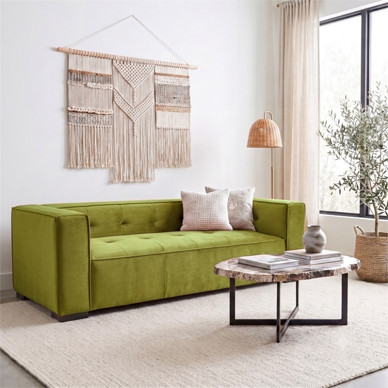 Holland Minimalist Modern Velvet Sofa with Structured Tufted Back in Olive Green