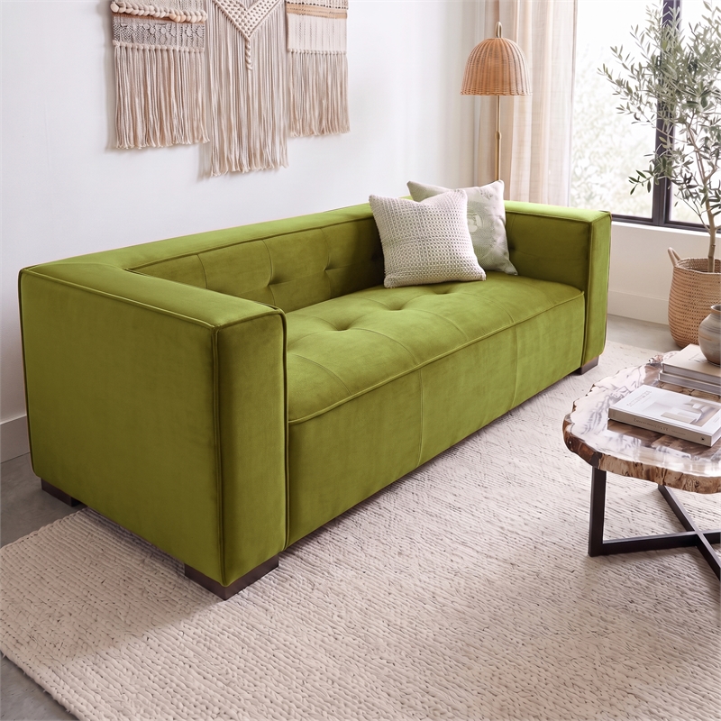 Holland Minimalist Modern Velvet Sofa with Structured Tufted Back in Olive Green