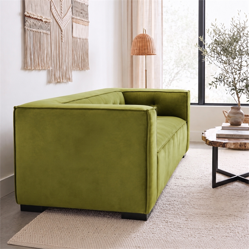 Holland Minimalist Modern Velvet Sofa with Structured Tufted Back in Olive Green