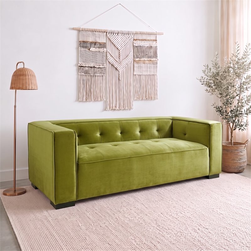 Holland Minimalist Modern Velvet Sofa with Structured Tufted Back in Olive Green